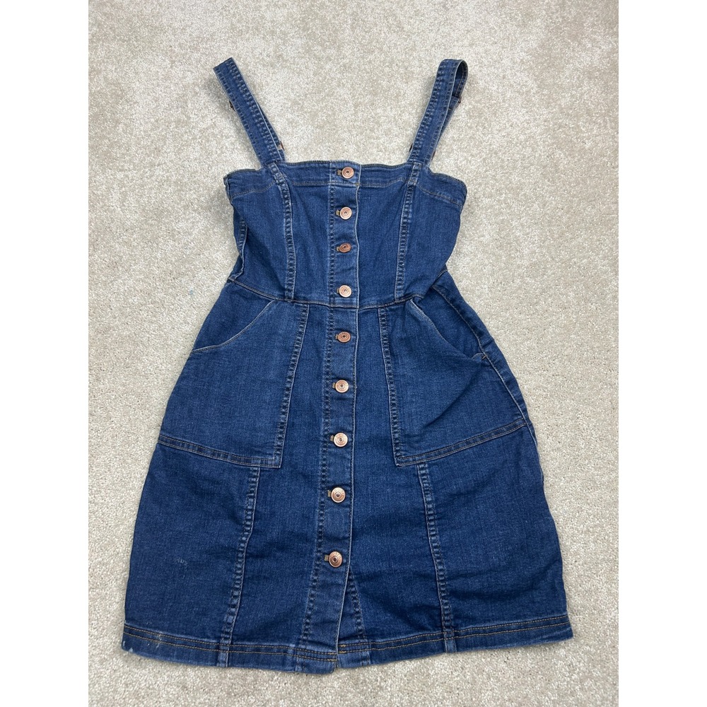 DARI Denim Pinafore Dress S Dark Wash Button Front Stretch Mini Y2K Retro
